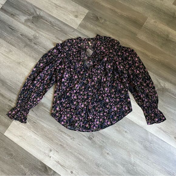 Free People Ruffle Blouse Dark Floral NEW Black Purple Green Small - Picture 3 of 11